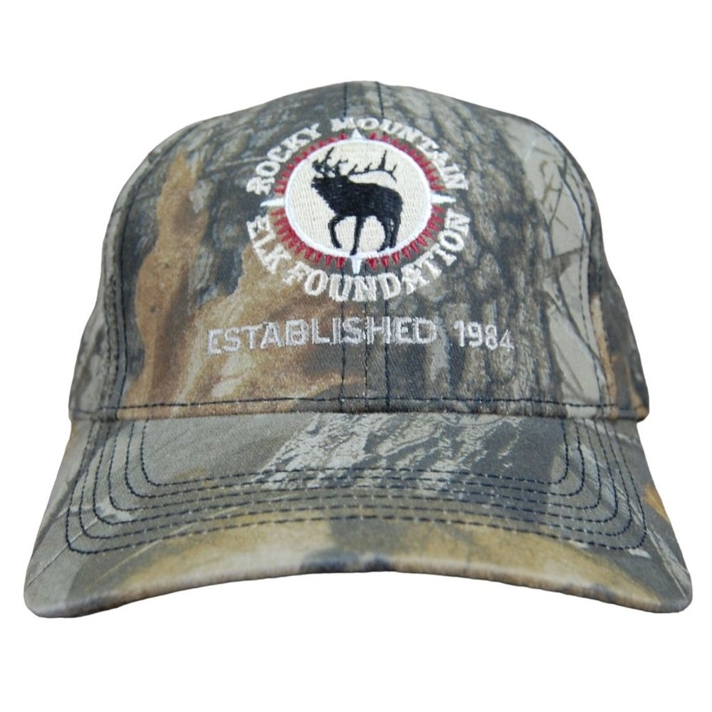 Vintage Rocky Mountain Elk Foundation RMEF Realtree Camo Leather Strapback Hat
